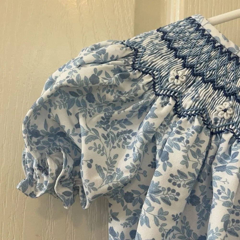 Sweet Dreams Blue Floral Birds Smocked Bubble Romper Girls Size 12 Months